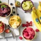 Vegan ice cream with Chiquita banana scoops, matcha, kiwi and berries